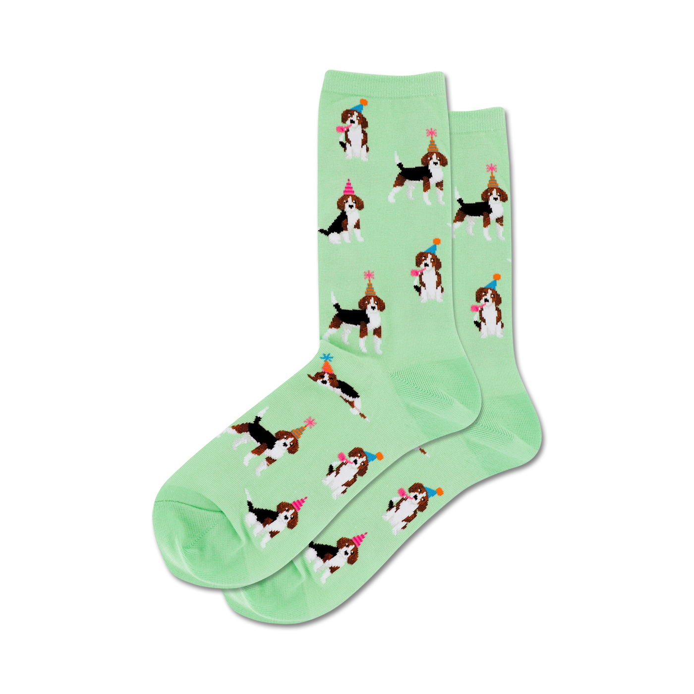 Lifestyle shot: A model's feet wearing the light green Party Beagle socks.