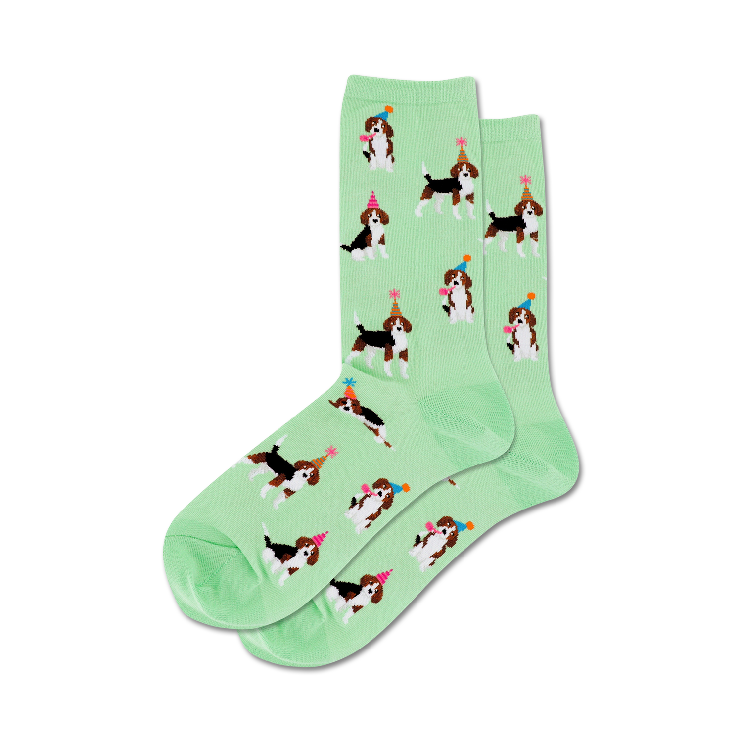 Lifestyle shot: A model's feet wearing the light green Party Beagle socks.