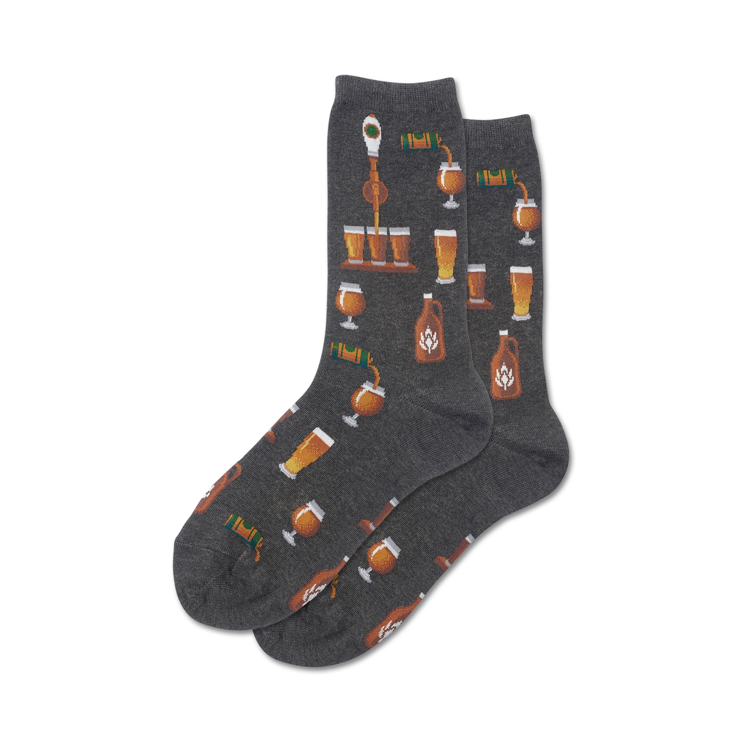 Pair of crew socks in grey and pink, showcasing a fun pattern of beer-related illustrations: bottles, glasses, and taps.