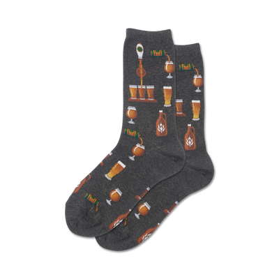 Pair of crew socks in grey and pink, showcasing a fun pattern of beer-related illustrations: bottles, glasses, and taps.