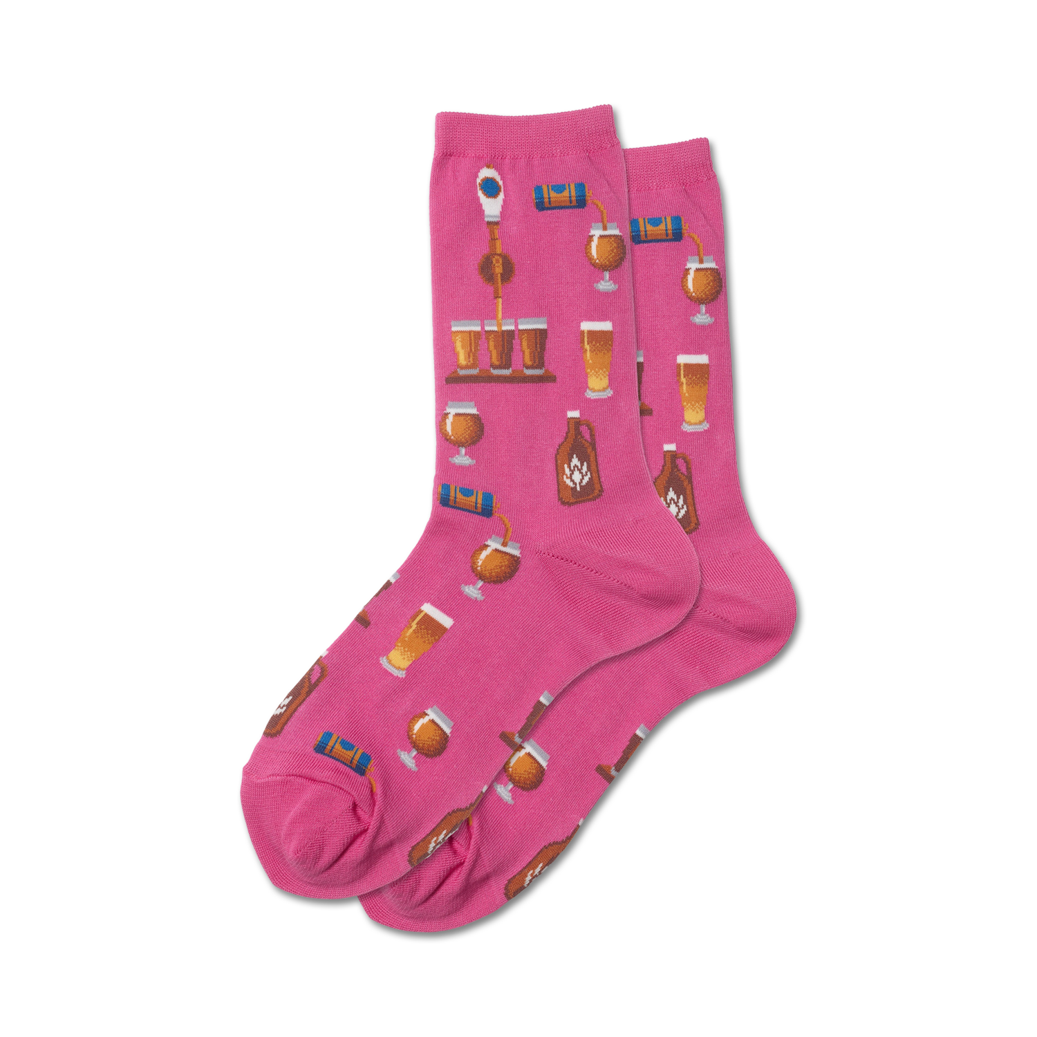 Lifestyle product shot showcasing pink Craft Beer socks on a model's feet.