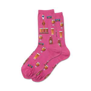 pink crew socks featuring a pattern of beer glasses, bottles, kegs, and taps for women who love beer.  