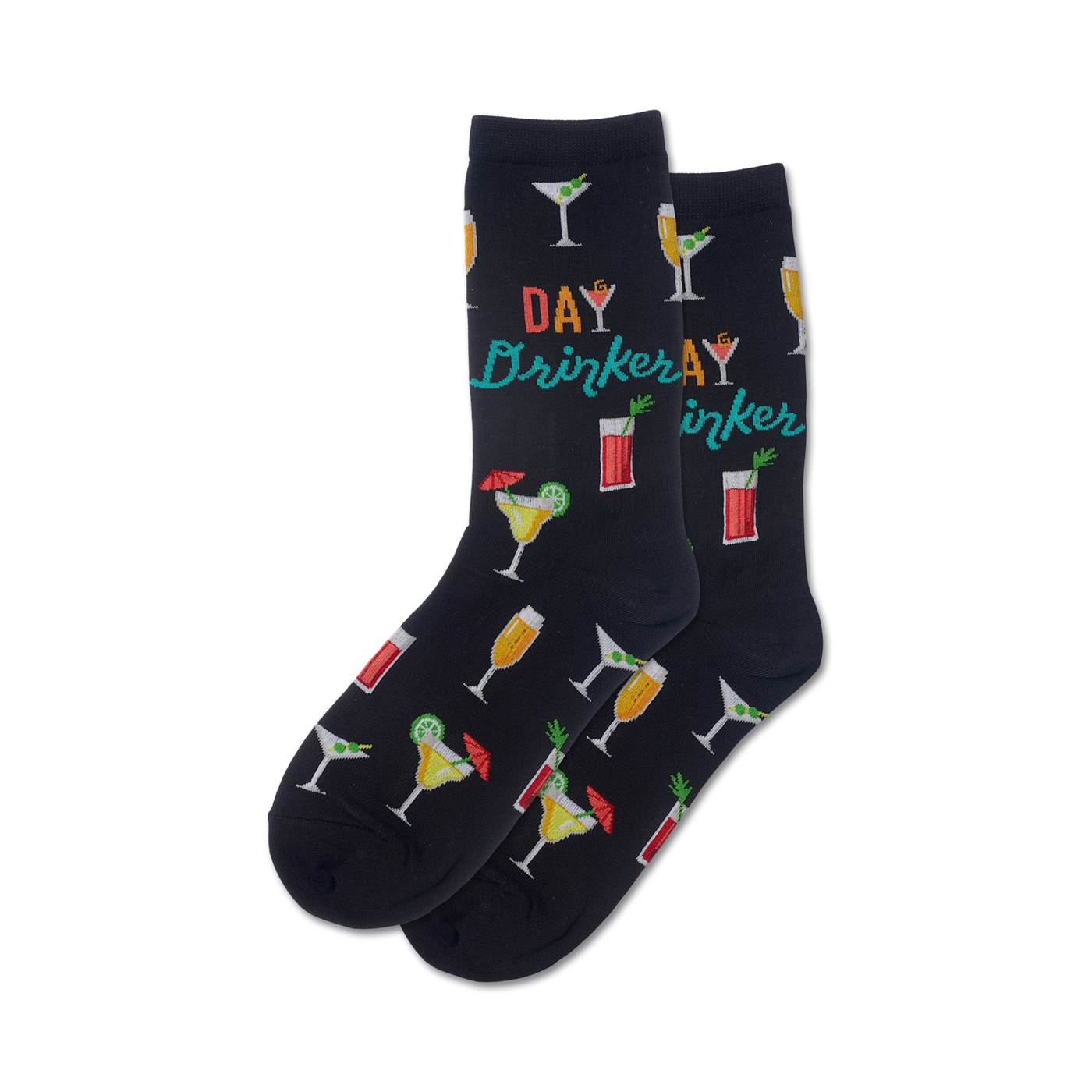 Pair of crew socks with cocktail print.  Black socks feature colorful martini glasses, text 'Day Drinker'.