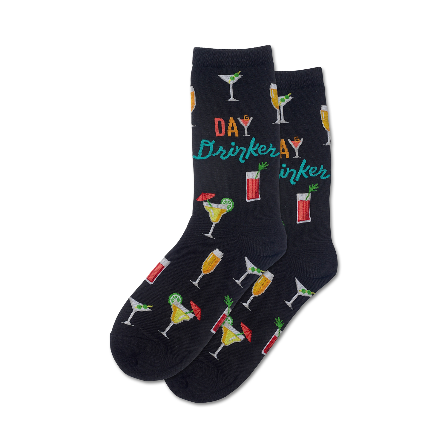 Pair of crew socks with cocktail print.  Black socks feature colorful martini glasses, text 'Day Drinker'.