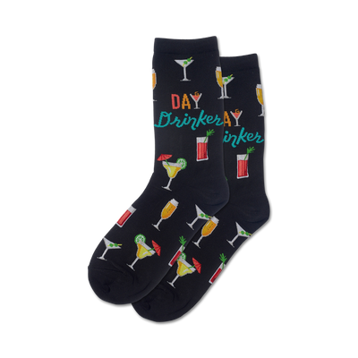 women's black crew socks with different beer cocktail patterns.  