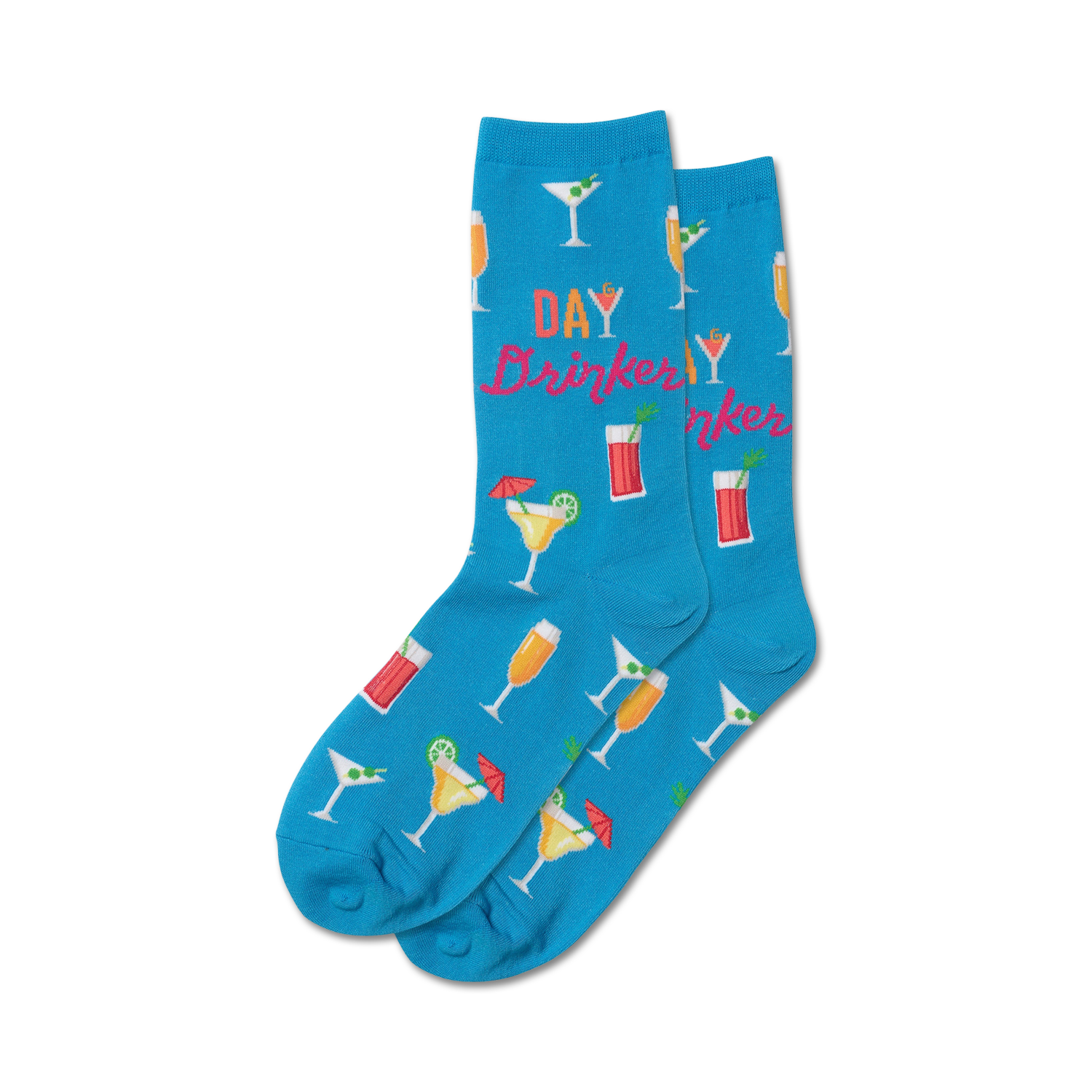 Lifestyle shot of a person wearing the blue 'Day Drinker' socks.