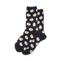 Pair of navy blue crew socks with a repeating pattern of illustrated deviled eggs and small devil images.