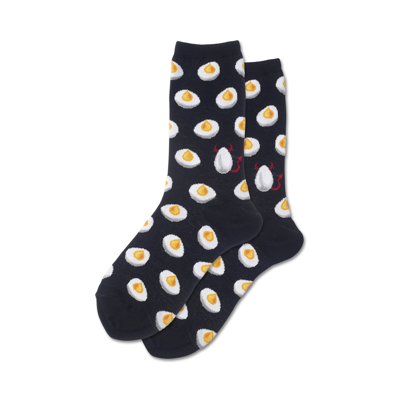 Pair of navy blue crew socks with a repeating pattern of illustrated deviled eggs and small devil images.