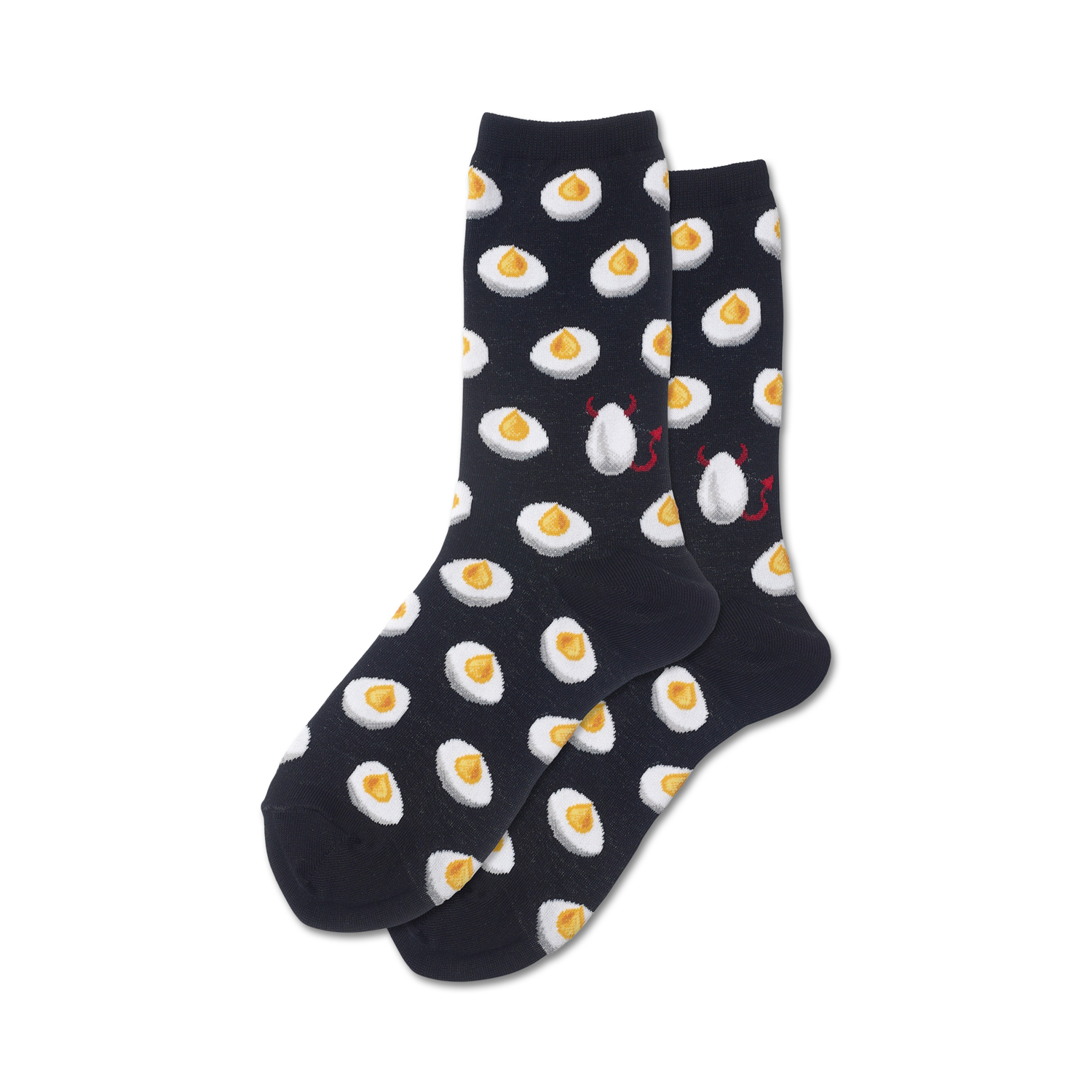 Pair of navy blue crew socks with a repeating pattern of illustrated deviled eggs and small devil images.