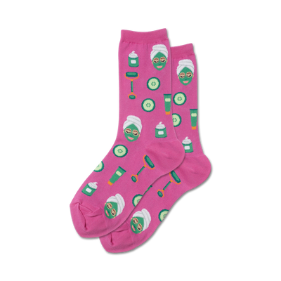 women's spa facial pattern crew socks in pink.  