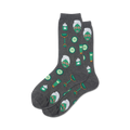 Pair of gray crew socks with the same spa-themed design as the pink pair.