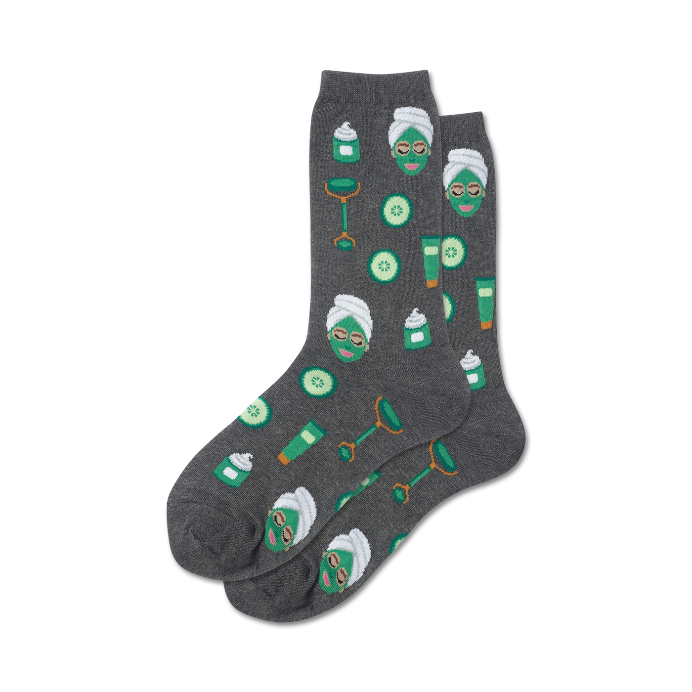 Pair of gray crew socks with the same spa-themed design as the pink pair.