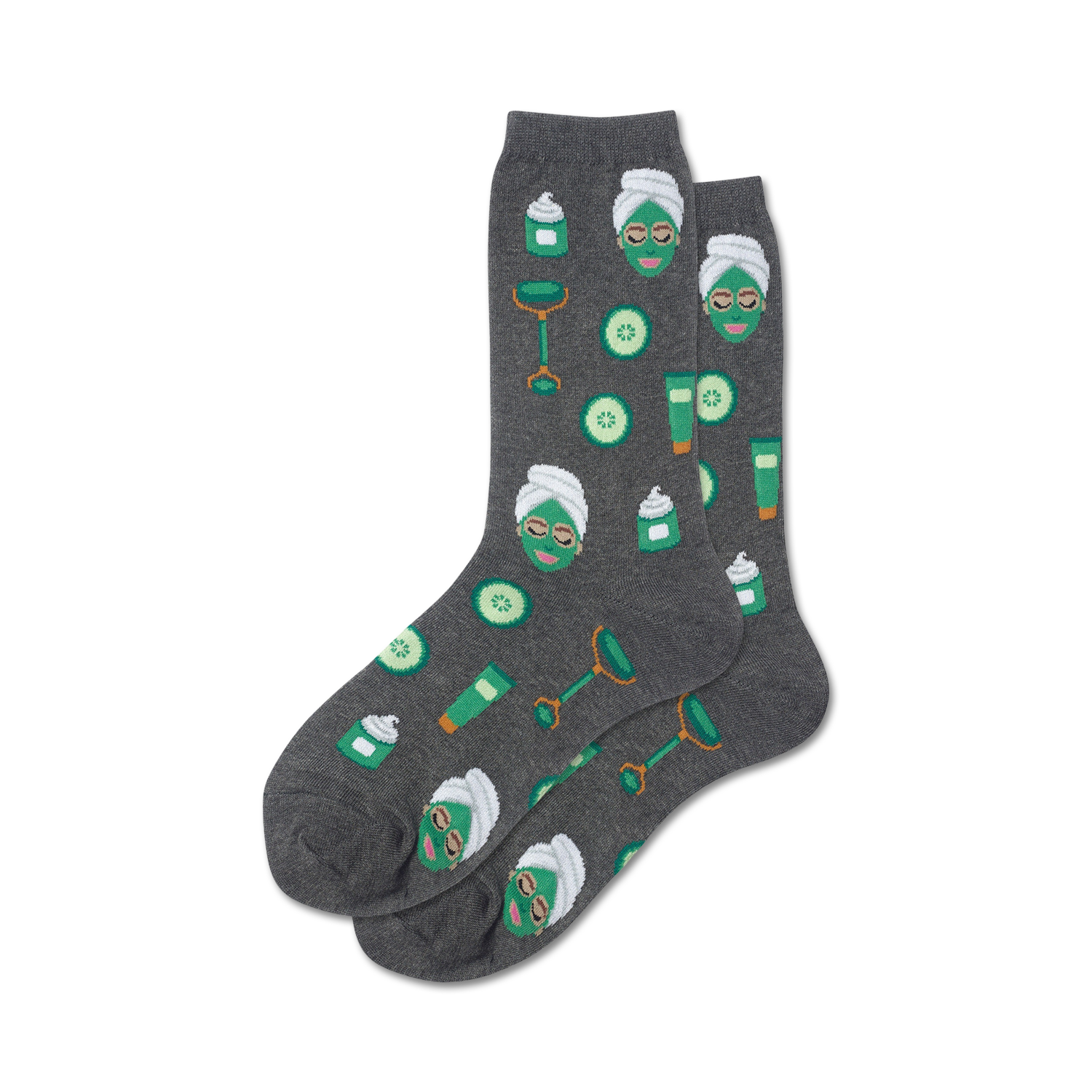 Pair of gray crew socks with the same spa-themed design as the pink pair.