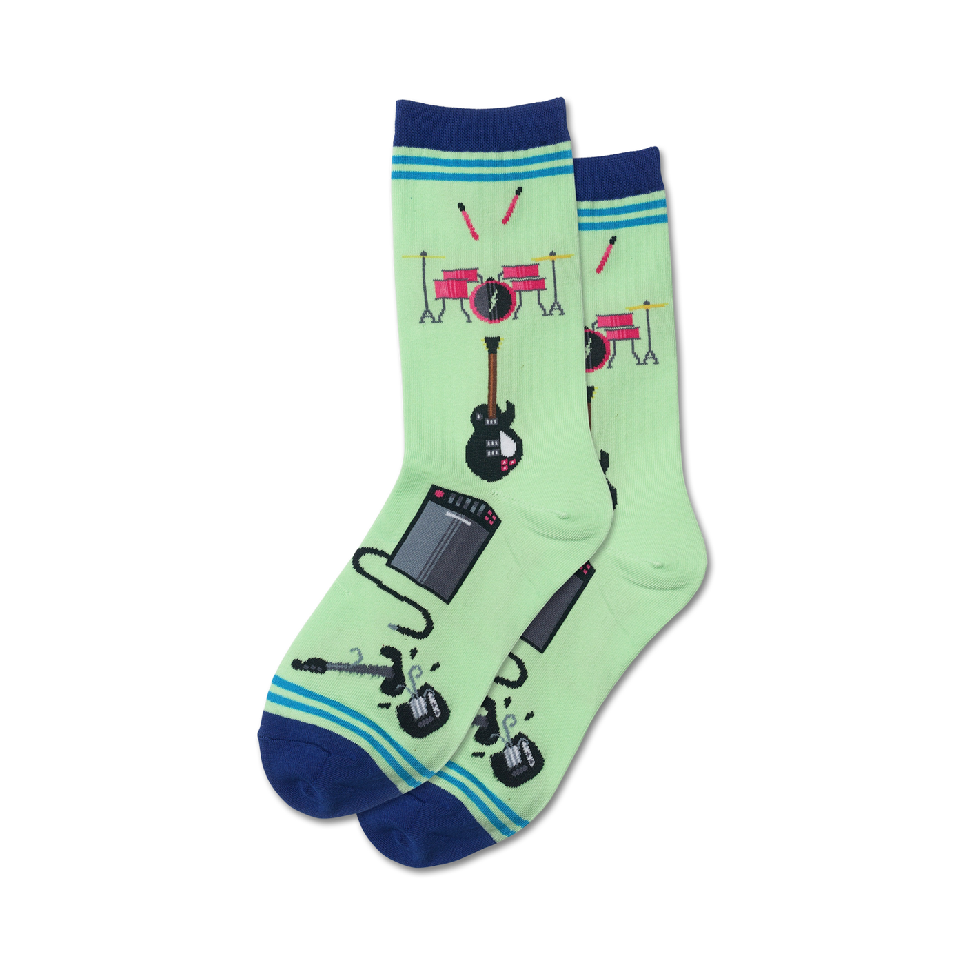 Pair of light green crew socks with a fun graphic of a drum set, electric guitar, amp, and microphone.  Navy blue and teal stripes at the cuff.