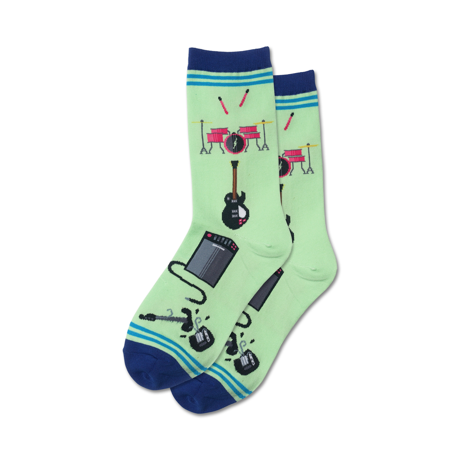 Pair of light green crew socks with a fun graphic of a drum set, electric guitar, amp, and microphone.  Navy blue and teal stripes at the cuff.
