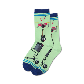 light green and blue crew socks for women featuring a musical instrument pattern.  
