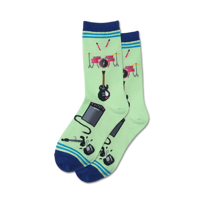 light green and blue crew socks for women featuring a musical instrument pattern.   }}