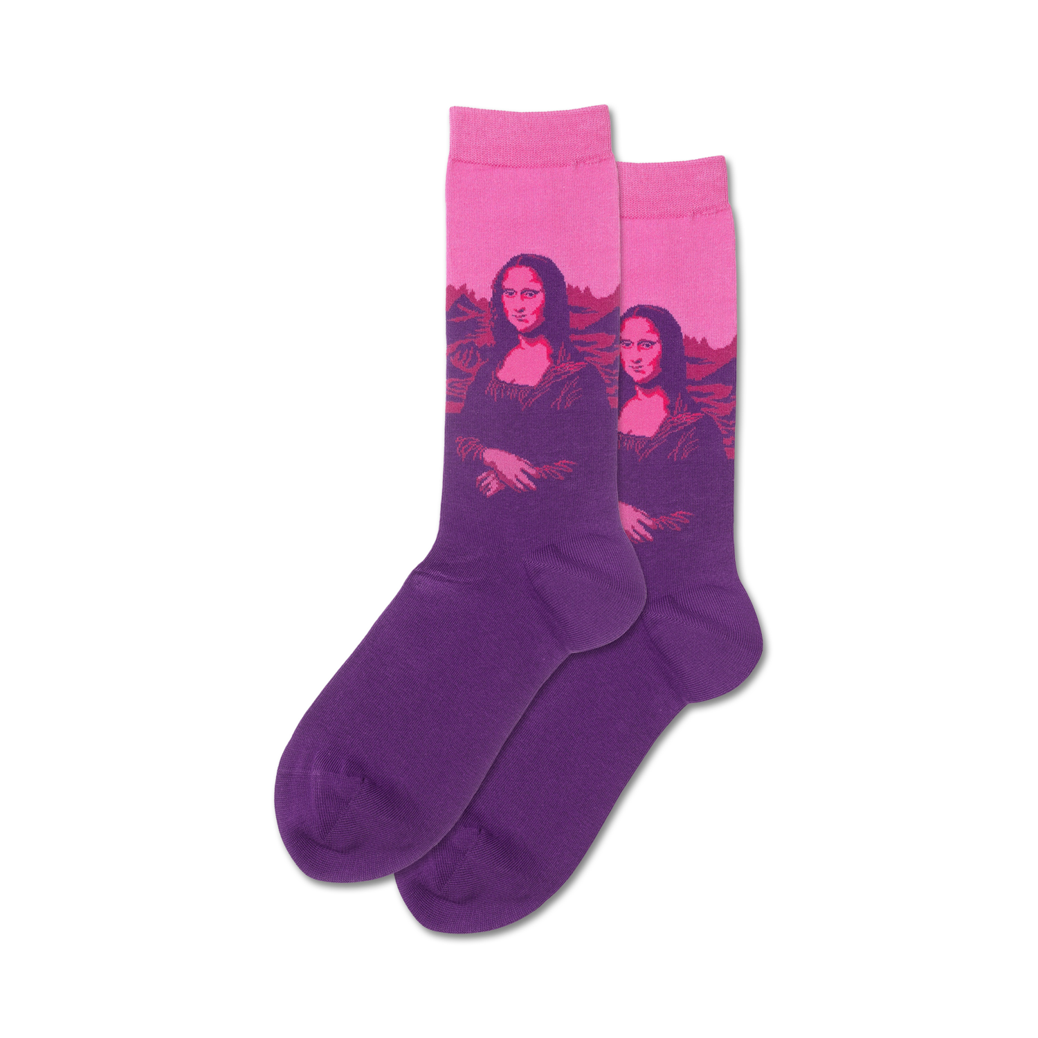 Pair of crew socks in pink and purple ombre featuring a pop art Mona Lisa design.