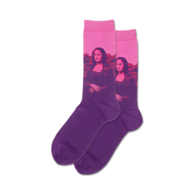 purple crew socks with repeating pattern of mona lisa's face in pink. mona lisa pop theme.   