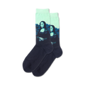 Lifestyle shot showcasing the teal and navy Mona Lisa Pop socks on a model's feet.