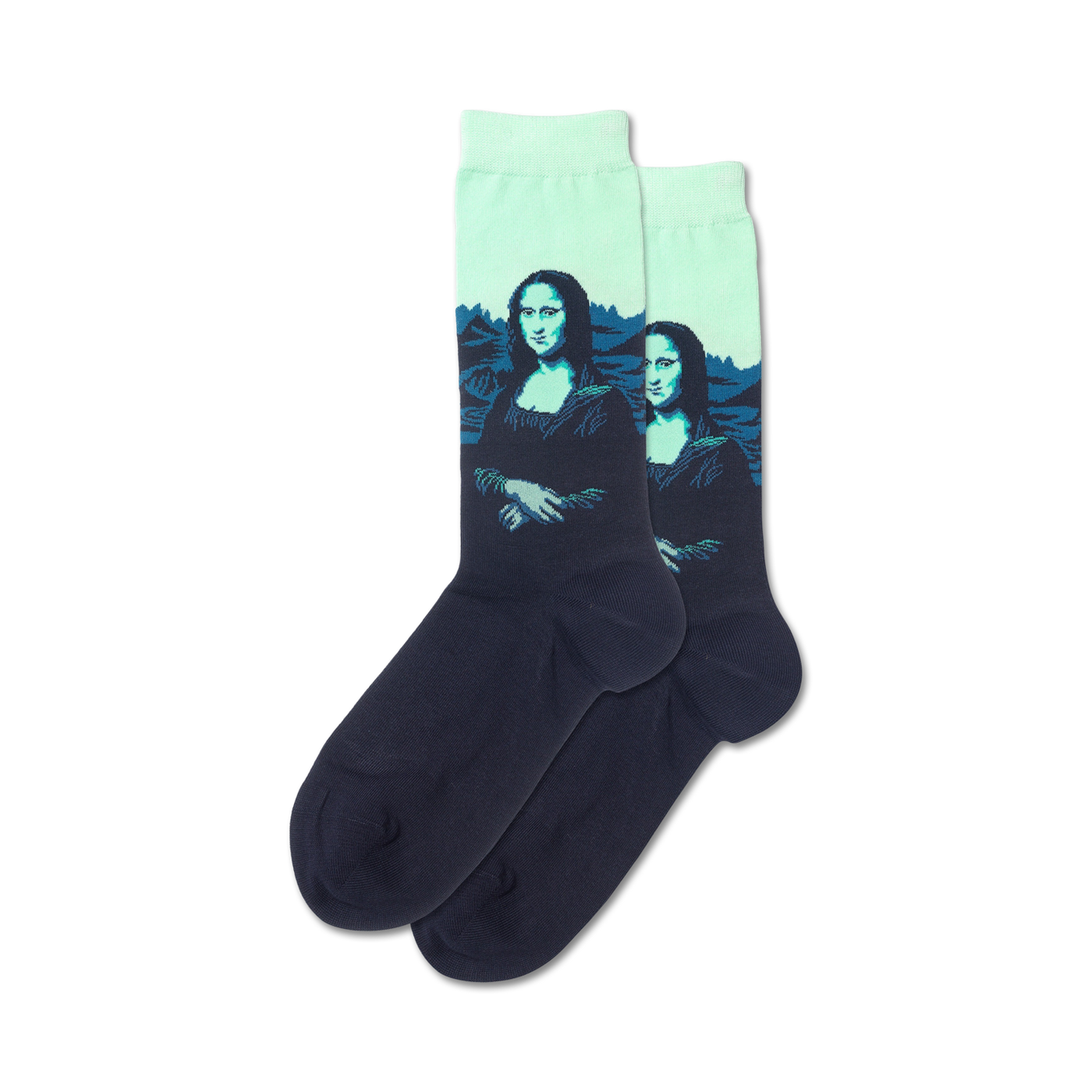 Lifestyle shot showcasing the teal and navy Mona Lisa Pop socks on a model's feet.