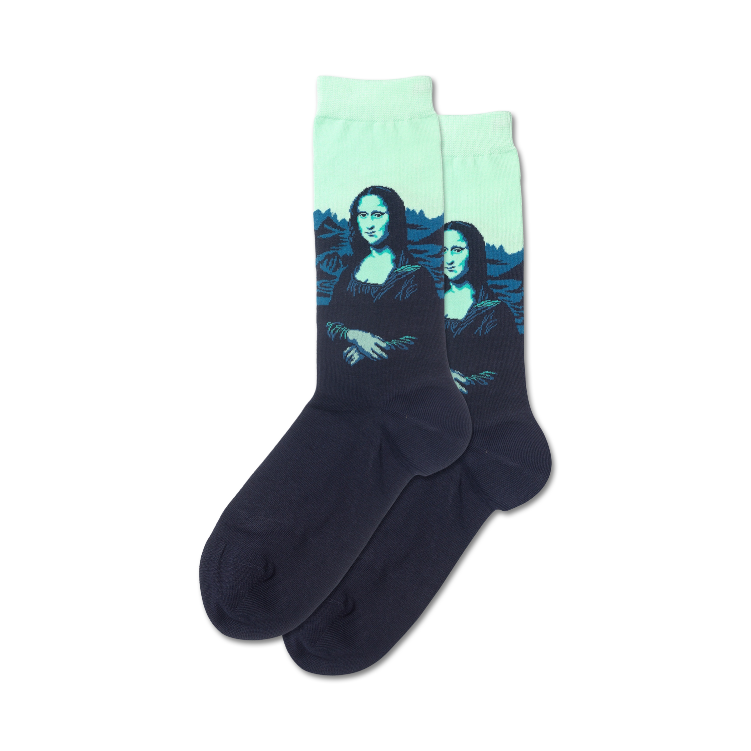 Lifestyle shot showcasing the teal and navy Mona Lisa Pop socks on a model's feet.