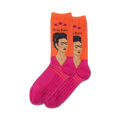Pair of women's crew socks.  Orange background with pink accents and a repeated image of Frida Kahlo's self-portrait.