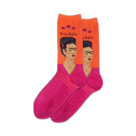 orange and pink crew socks with frida kahlo's face for women.  