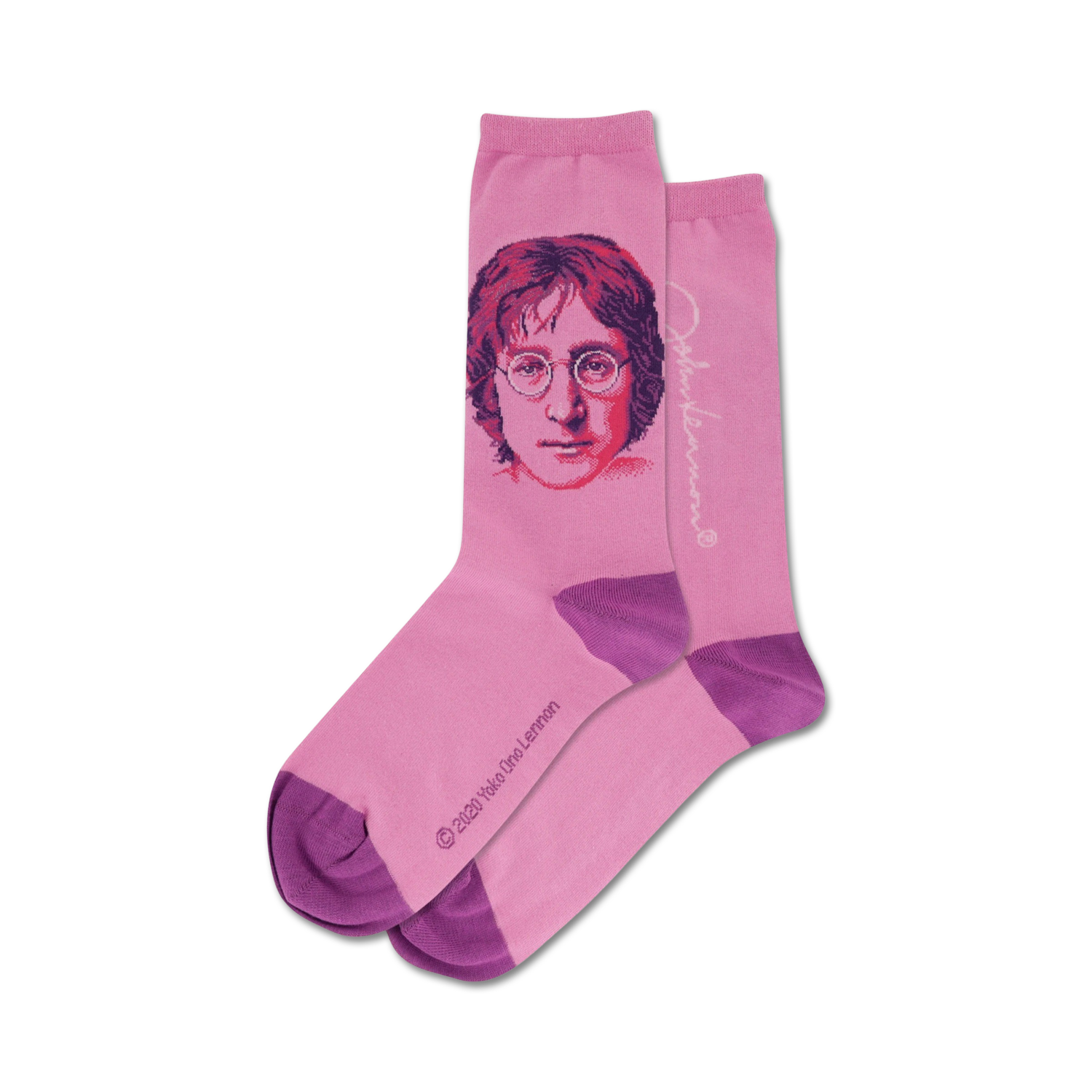 Pair of pink crew socks with a John Lennon portrait, pink and purple accents, and his signature.
