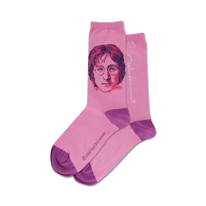  womens john lennon portrait crew socks in pink purple toe heel cuff    