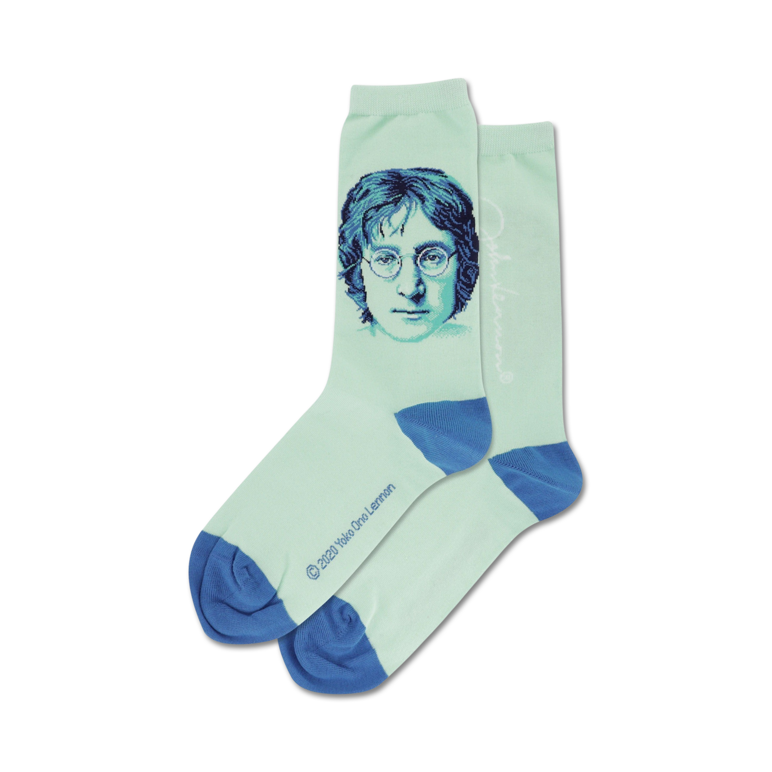 Pair of light green crew socks with a John Lennon portrait, light green and blue accents, and his signature.