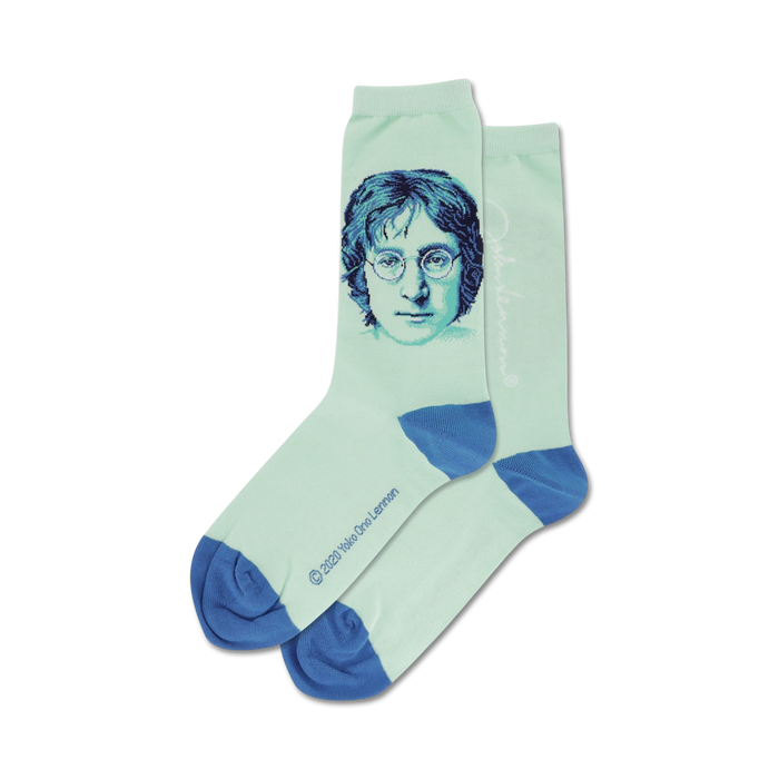light blue crew socks featuring a colorful drawing portrait of john lennon.  