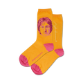 Pair of orange crew socks with a John Lennon portrait, orange and pink accents, and his signature.