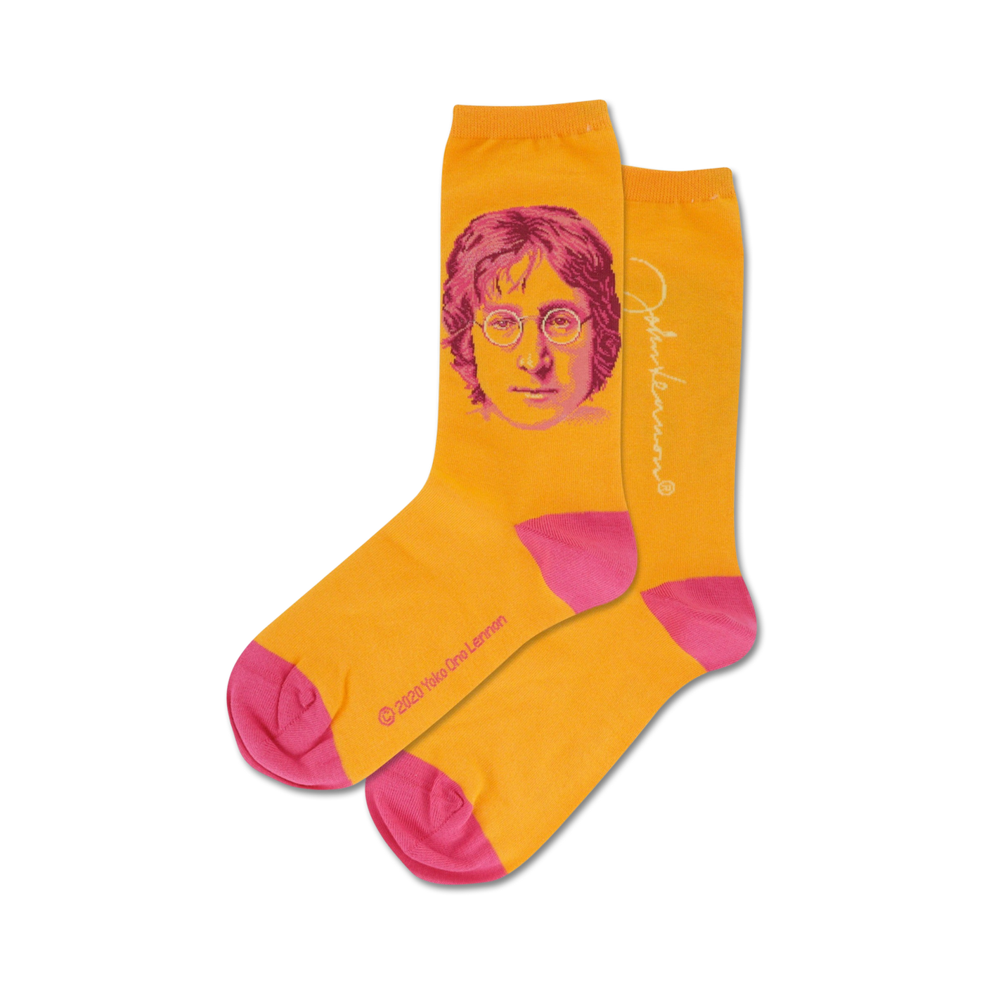 Pair of orange crew socks with a John Lennon portrait, orange and pink accents, and his signature.