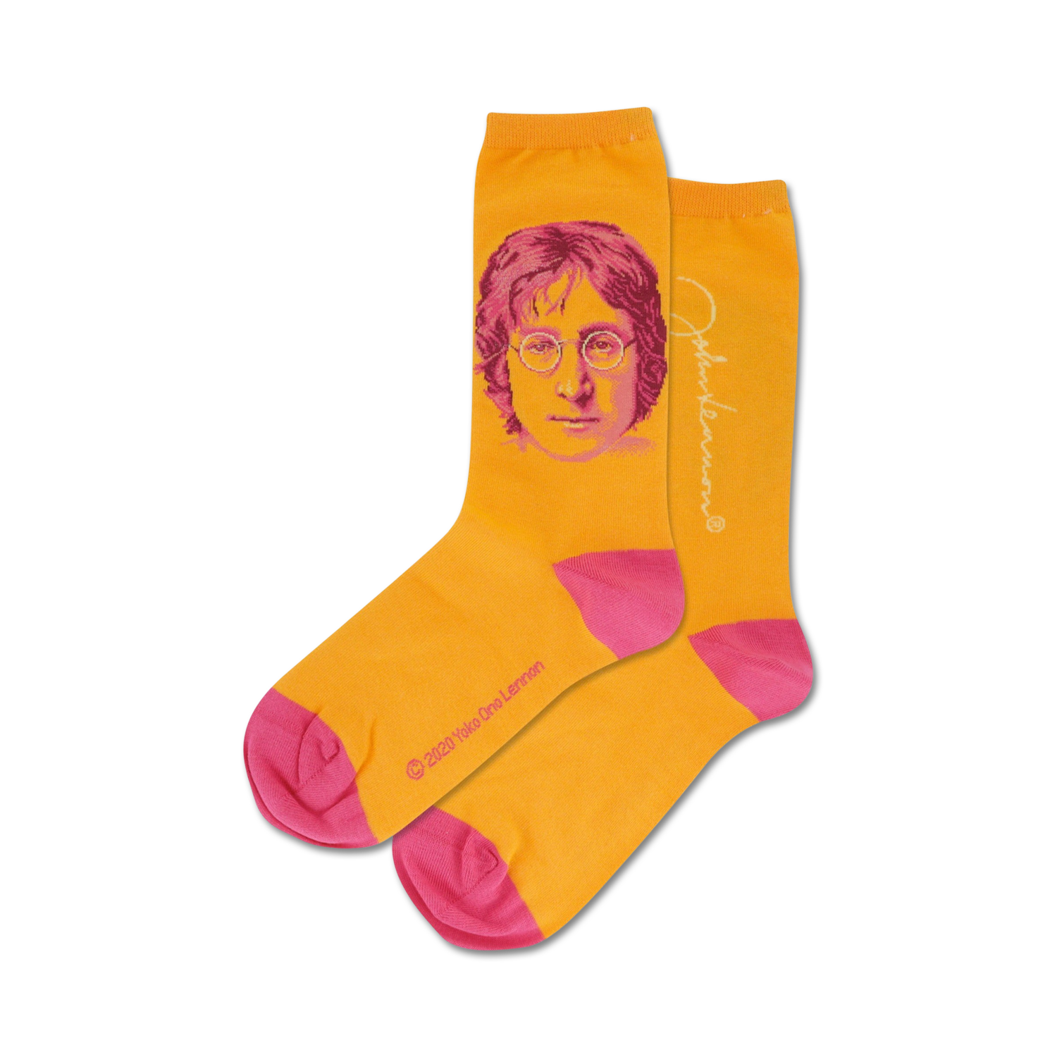 Pair of orange crew socks with a John Lennon portrait, orange and pink accents, and his signature.