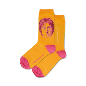 womens crew socks with portraits of john lennon wearing pink round glasses.  