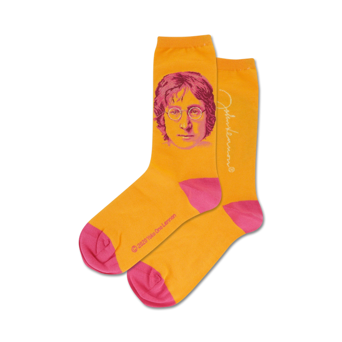 womens crew socks with portraits of john lennon wearing pink round glasses.  