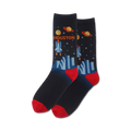 Pair of crew socks in navy blue, featuring a rocket launching over a city skyline, planets, and the word 'HOUSTON'. Red accents on the heel and toe.