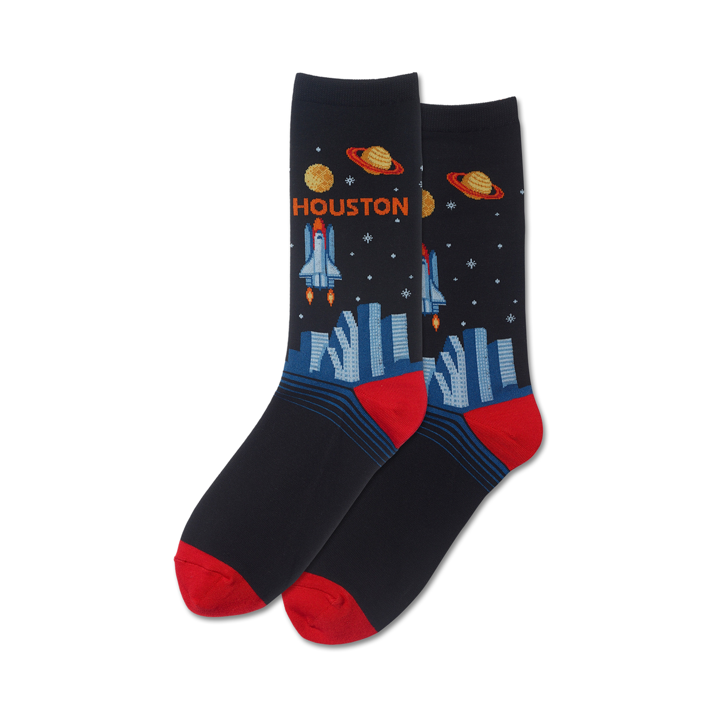 Pair of crew socks in navy blue, featuring a rocket launching over a city skyline, planets, and the word 'HOUSTON'. Red accents on the heel and toe.
