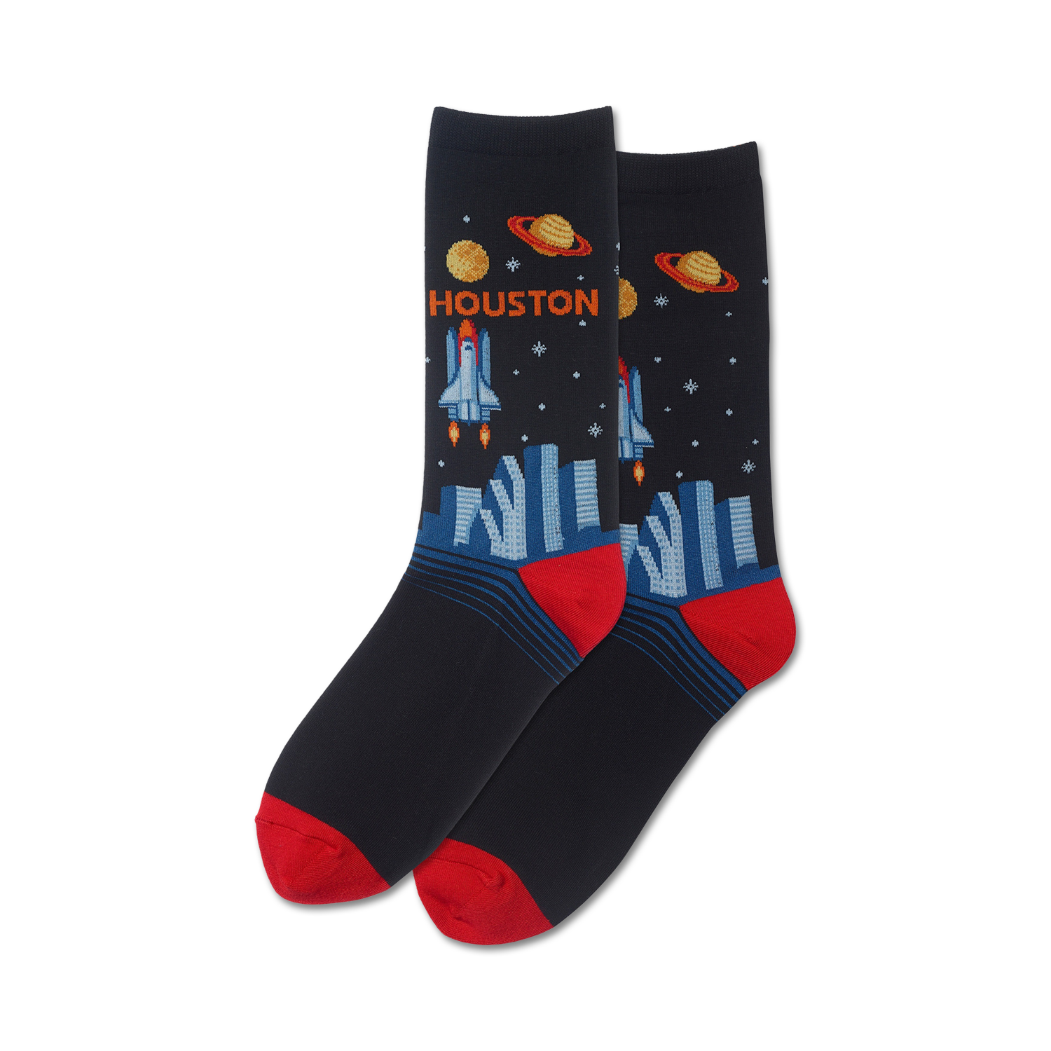 Pair of crew socks in navy blue, featuring a rocket launching over a city skyline, planets, and the word 'HOUSTON'. Red accents on the heel and toe.