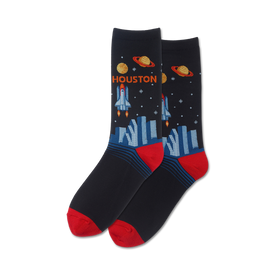black cotton crew socks with red toe and heel featuring rockets, planets, stars, and the word "houston."  