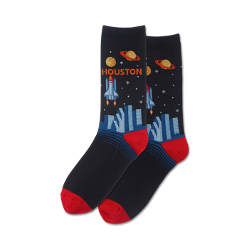 black cotton crew socks with red toe and heel featuring rockets, planets, stars, and the word "houston."  