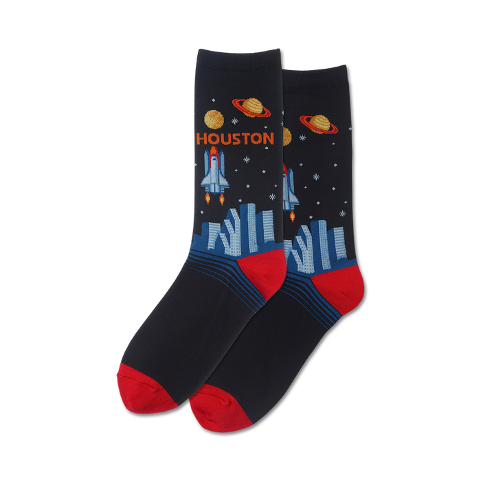 black cotton crew socks with red toe and heel featuring rockets, planets, stars, and the word 