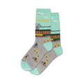 Pair of crew socks with a teal and gray design.  Features a Brooklyn bridge image, yellow cabs, and pedestrians.