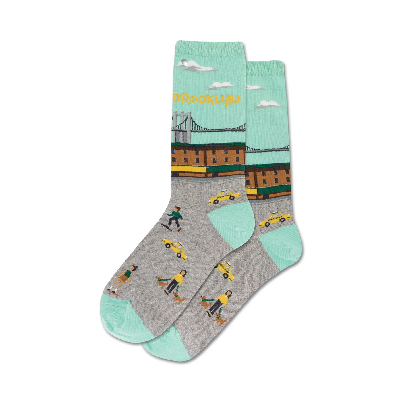 Pair of crew socks with a teal and gray design.  Features a Brooklyn bridge image, yellow cabs, and pedestrians.