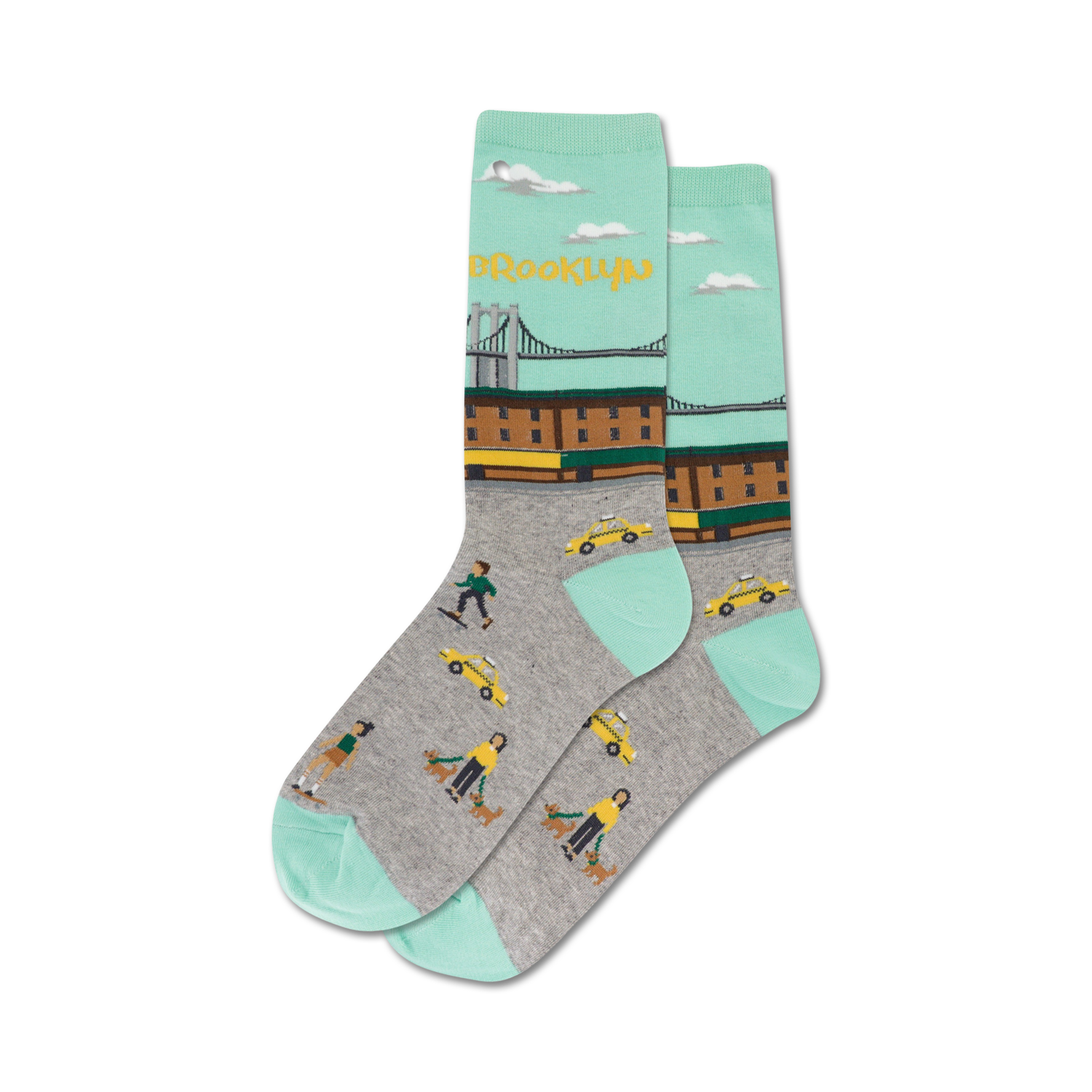 Pair of crew socks with a teal and gray design.  Features a Brooklyn bridge image, yellow cabs, and pedestrians.
