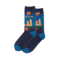 Pair of crew socks in navy blue with an Atlanta skyline design. Peaches and a Ferris wheel are also featured on the socks in orange and green.