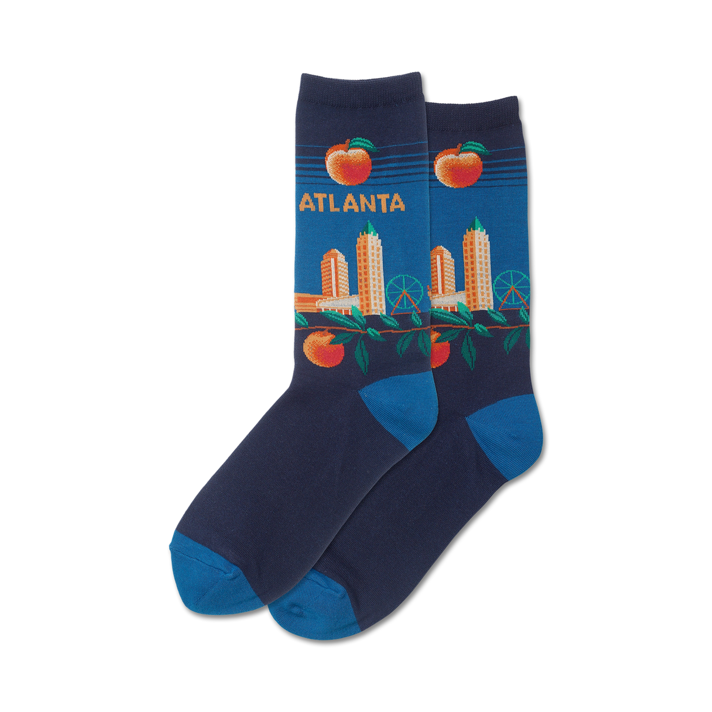 Pair of crew socks in navy blue with an Atlanta skyline design. Peaches and a Ferris wheel are also featured on the socks in orange and green.