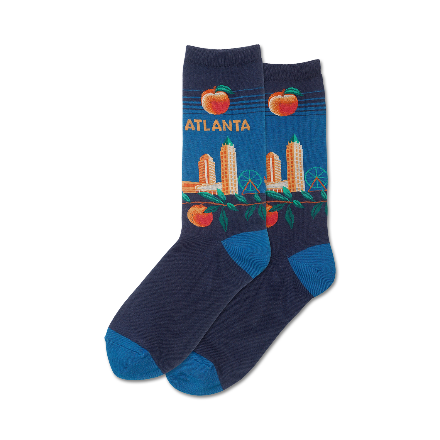 Pair of crew socks in navy blue with an Atlanta skyline design. Peaches and a Ferris wheel are also featured on the socks in orange and green.