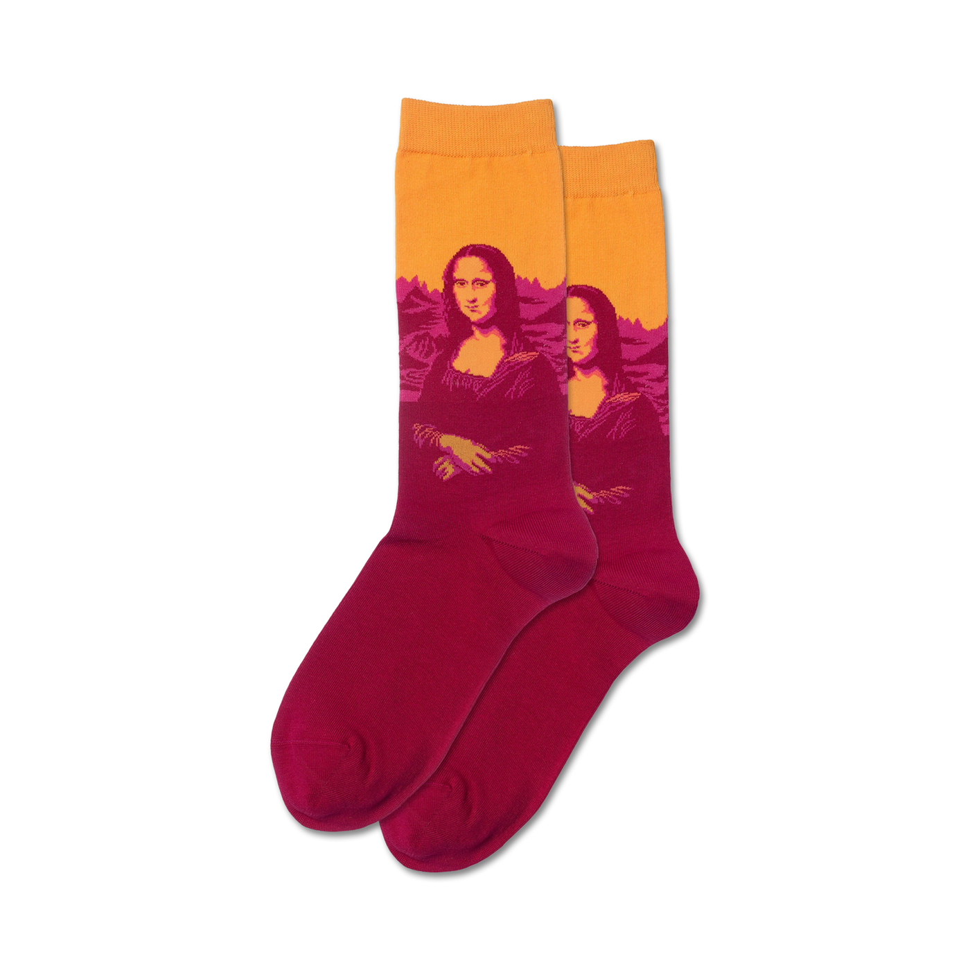 Flat lay product shot of the orange and burgundy Mona Lisa Pop socks.